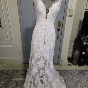 Allure Style 9409 Lace Floral Overlay Sheath Wedding Dress -Ivory/Nude Silver
